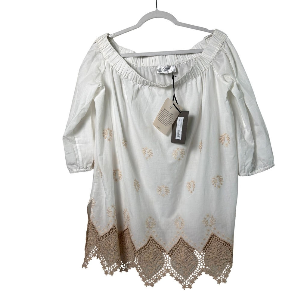 TEEM by Rita Attala Kaftan Top Womens M White Tan Lace Embroidered
